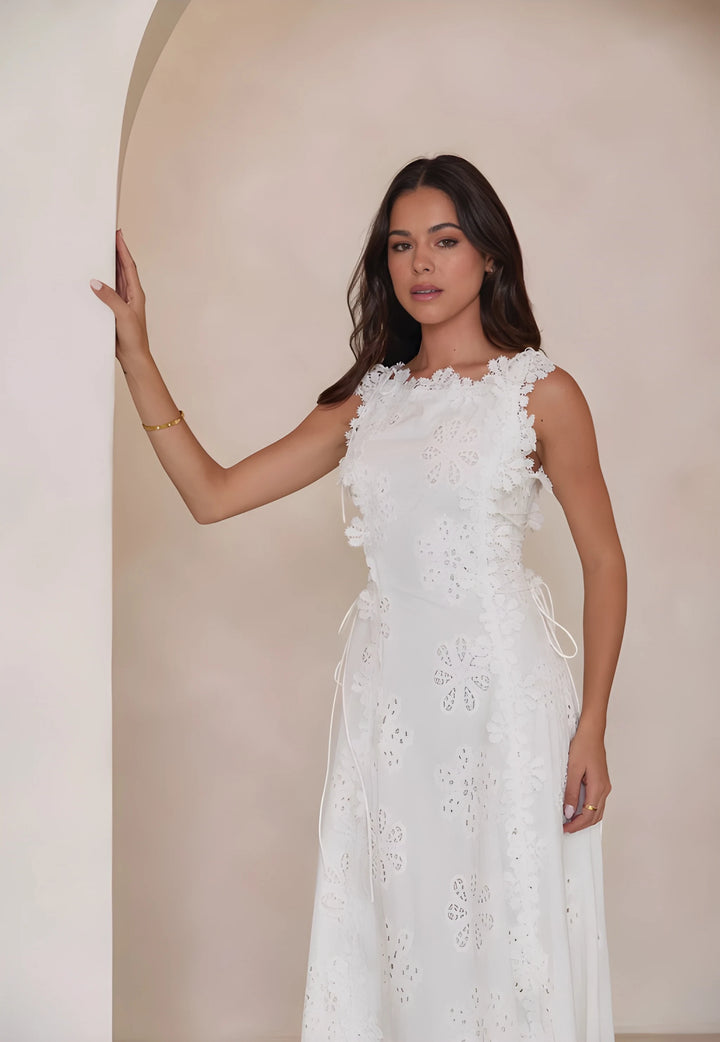 Women's Elegant Maxi Dress with Floral Embroidery and Tie Waist