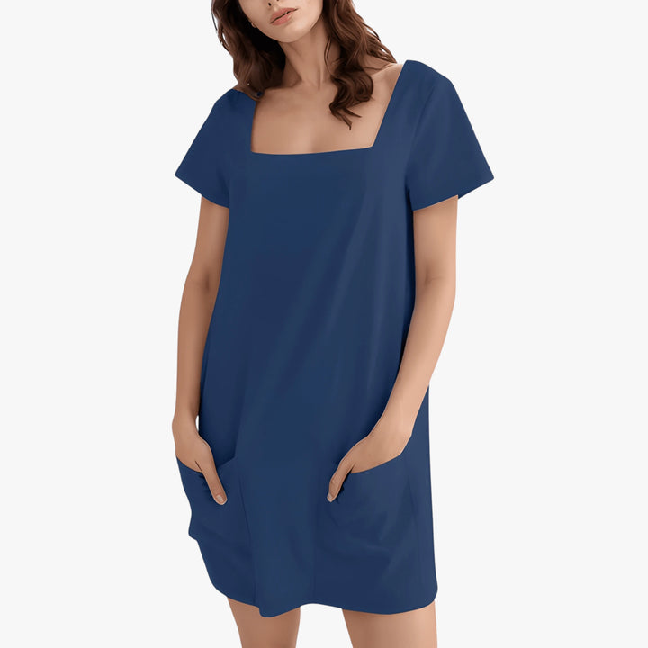 Women's Elegant Mini Summer Dress with Square Neck and Front Pockets