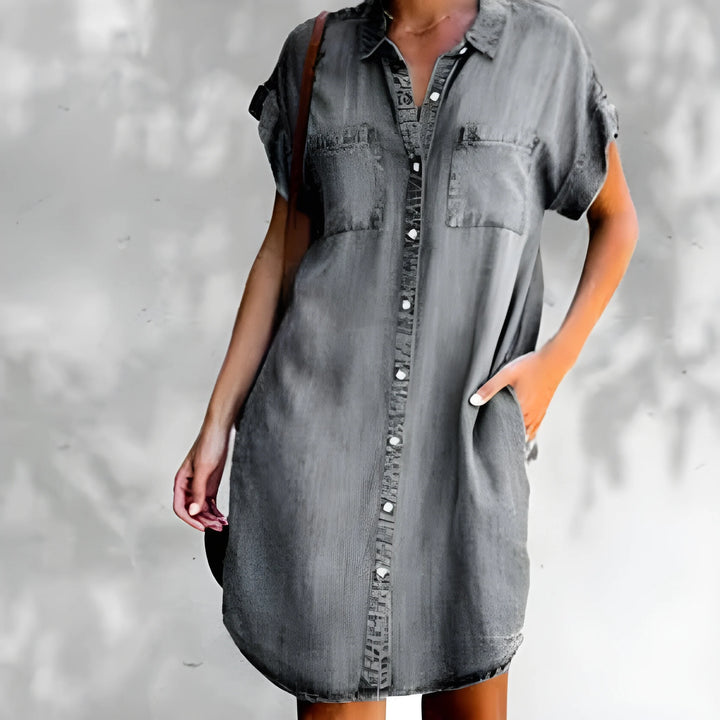 Women's Modest Smock Denim Midi Dress with Patch Pockets and Button Front