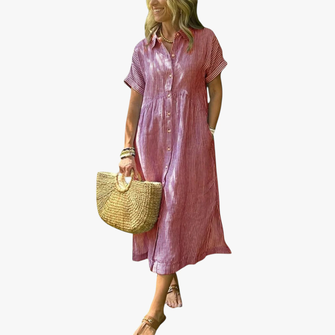 Women's Boho Shirt Midi Summer Dress with Striped Pattern