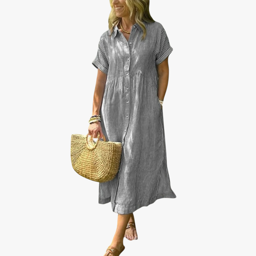 Women's Boho Shirt Midi Summer Dress with Striped Pattern