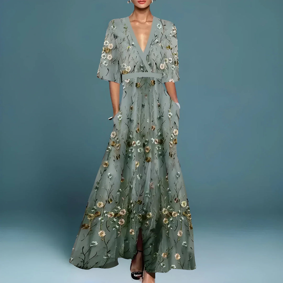 Women's Elegant Stunning Maxi Dress with Deep V Neckline and Floral Pattern
