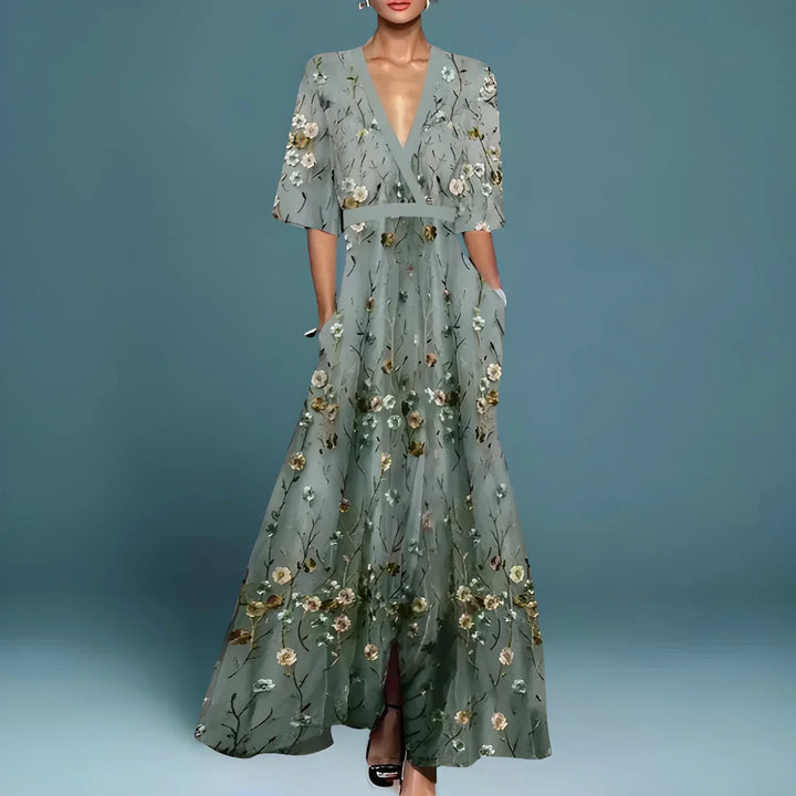 Women's Elegant Stunning Maxi Dress with Deep V Neckline and Floral Pattern