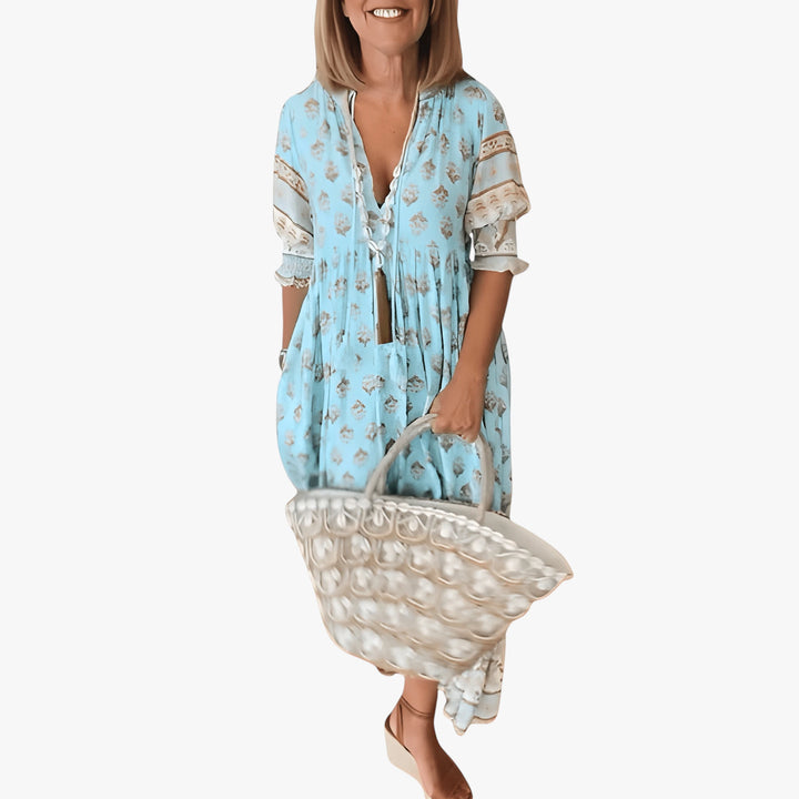 Women's Floral Midi Summer Dress with Puff Sleeves