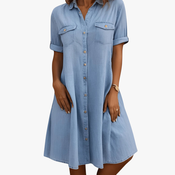 Women's Fancy Elegant Mini Denim Dress with Button Up Closure and Pockets