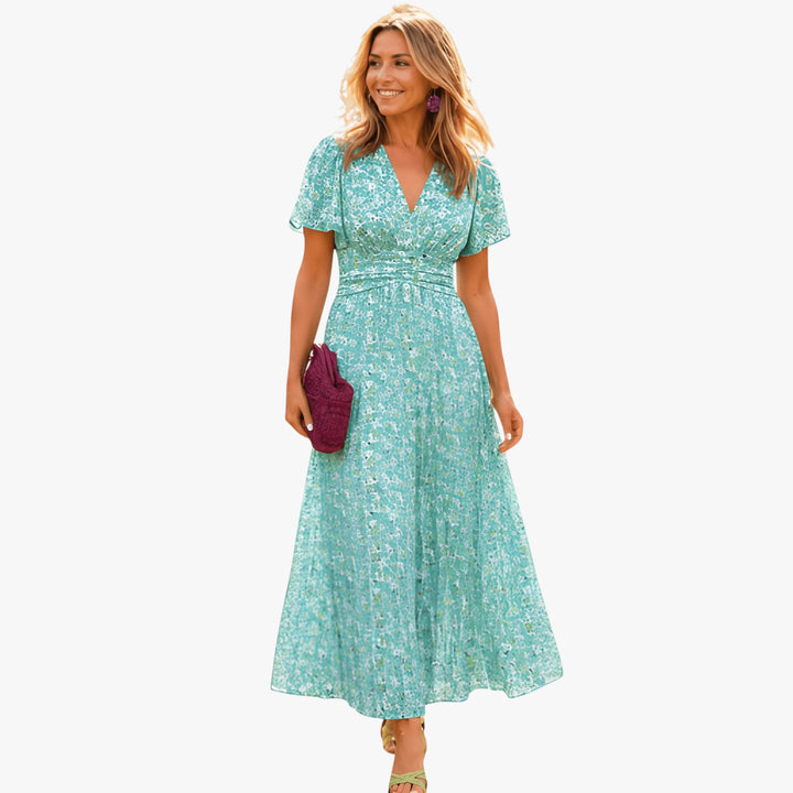 Women's Floral Boho Midi Summer Dress with Short Sleeves