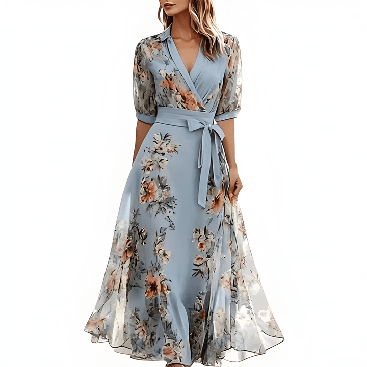 Women's Floral Wrap Maxi Summer Dress with Puff Sleeves