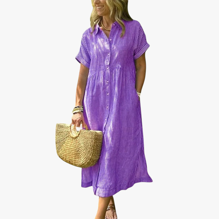 Women's Boho Shirt Midi Summer Dress with Striped Pattern