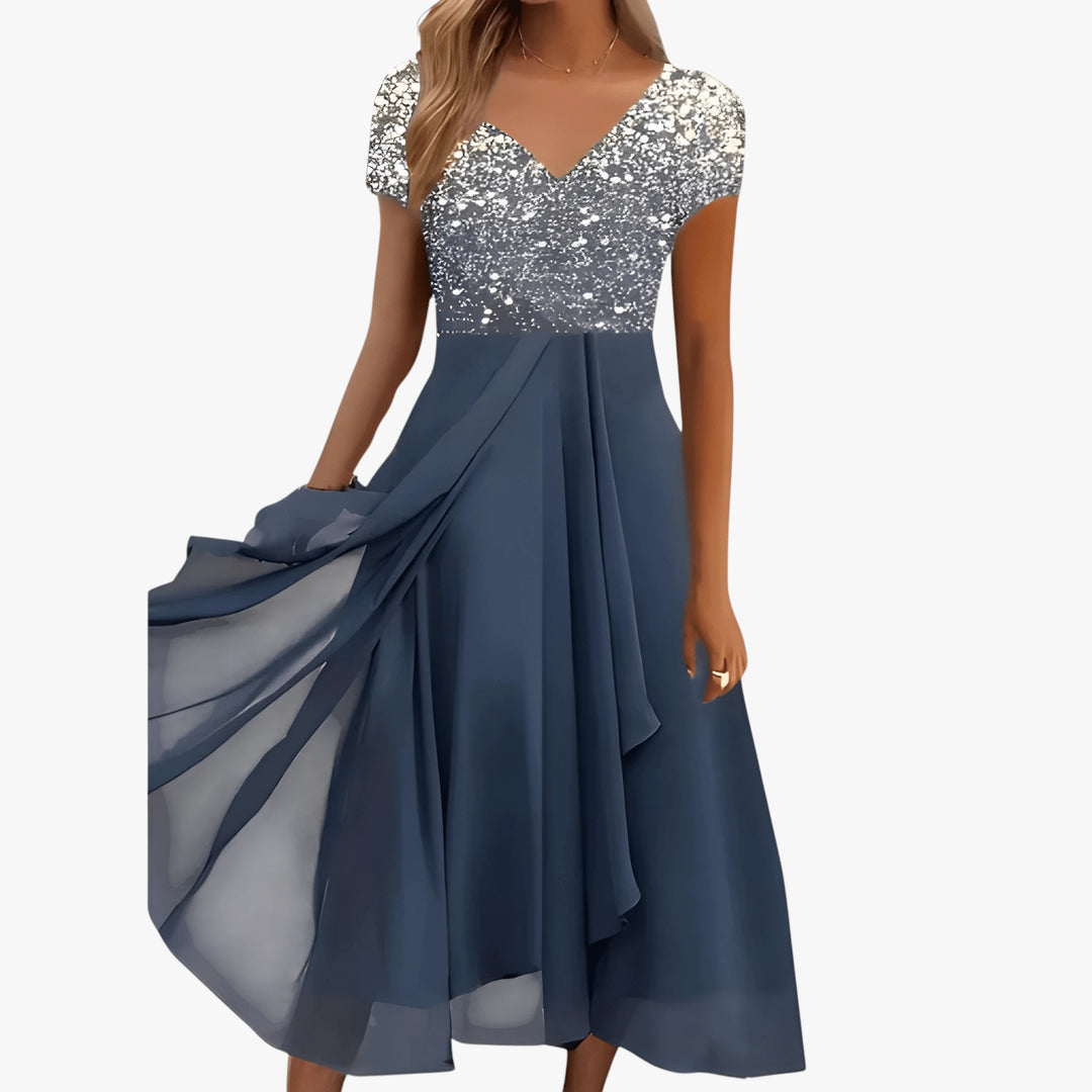 Women's Sparkly Elegant Midi Summer Dress with Short Sleeves