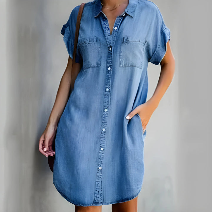 Women's Modest Smock Denim Midi Dress with Patch Pockets and Button Front