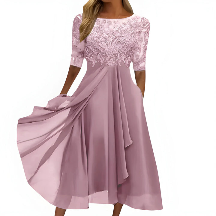 Women's Formal Elegant Midi Summer Dress with Embroidered Detail