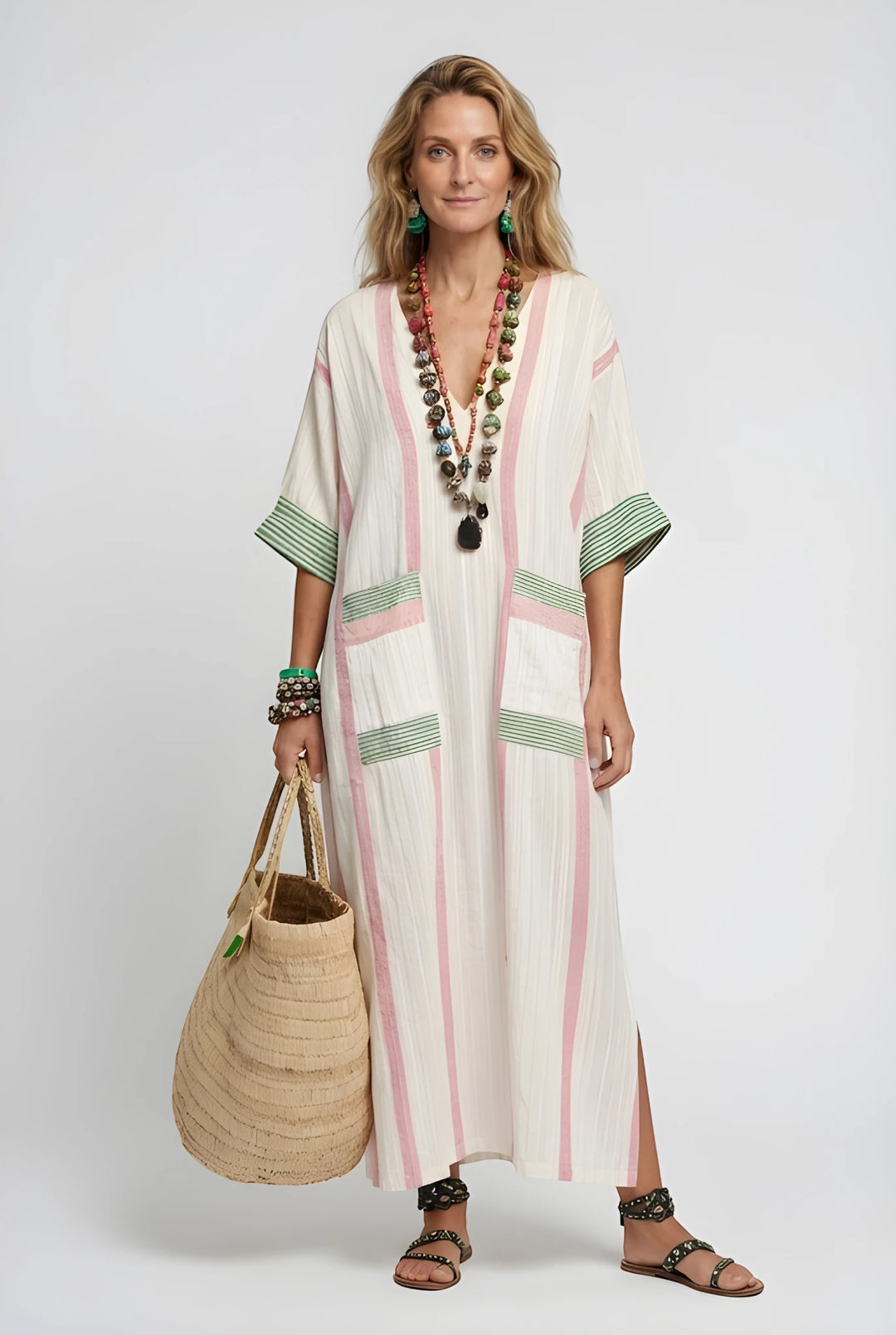 Women's Boho Sun Maxi Dress with Pockets and Pleated Detail