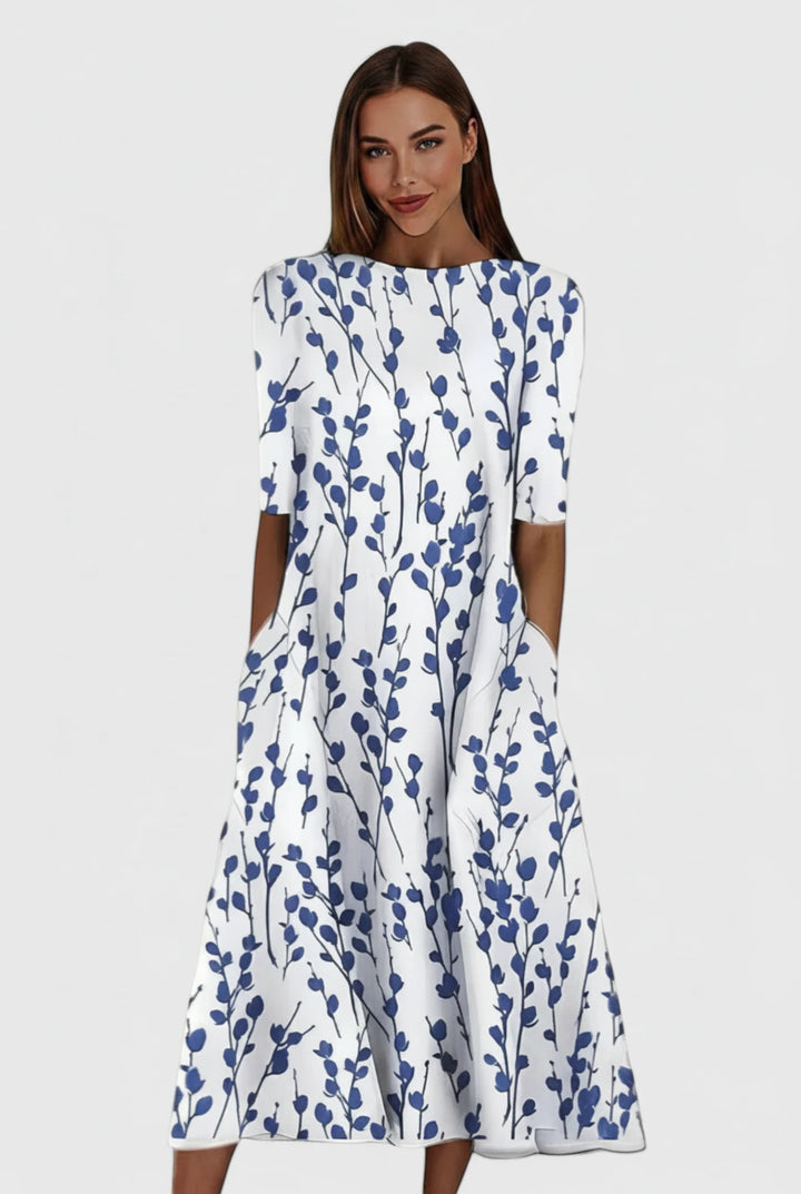 Women's Floral Summer Midi Dress with Round Neck and Half Sleeves