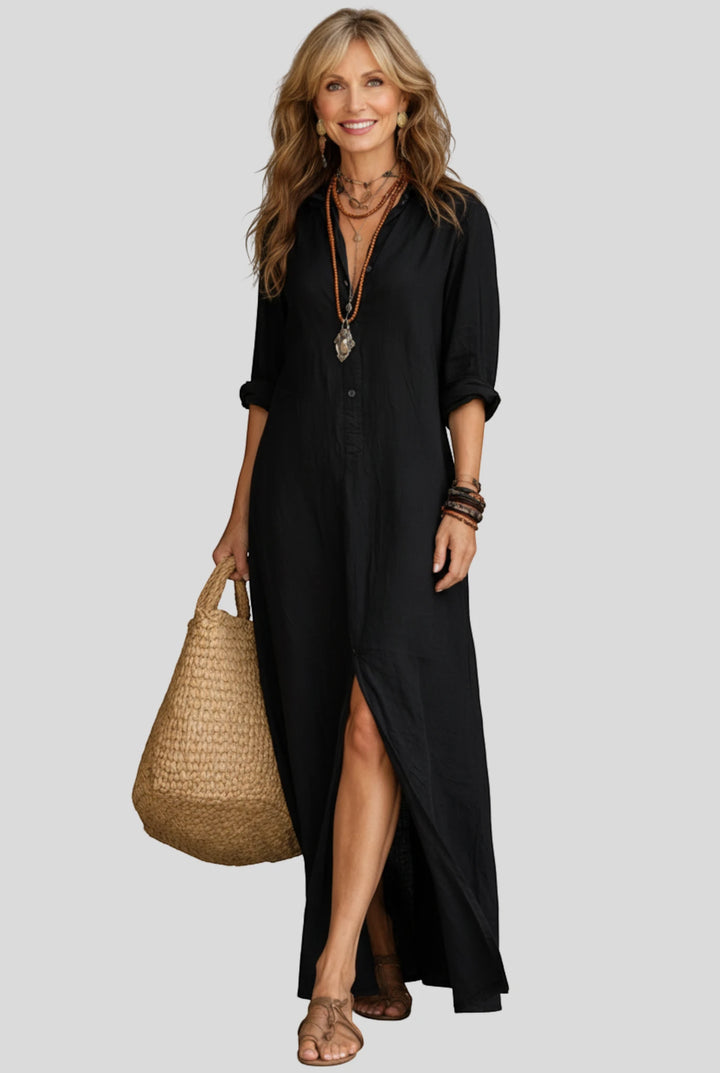 Women's Relaxed Summer Maxi Shirt Dress with V Neck and Long Sleeves