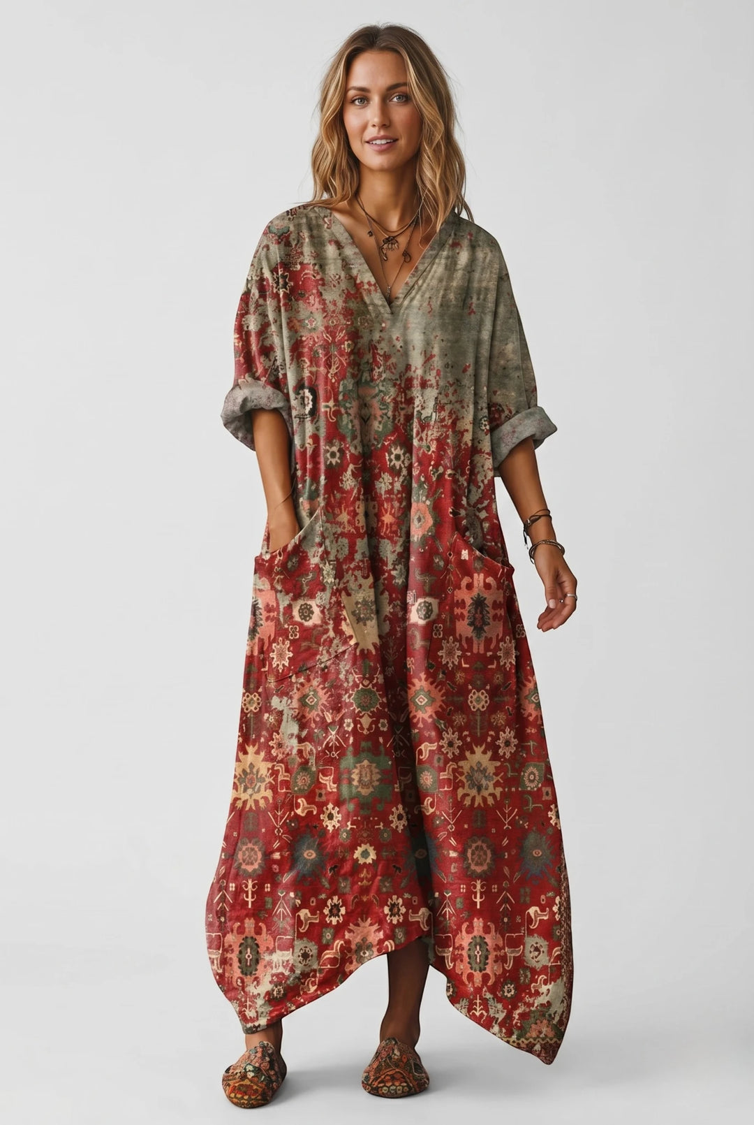 Women's Vintage Smock Maxi Summer Dress with V Neck and Patch Pockets