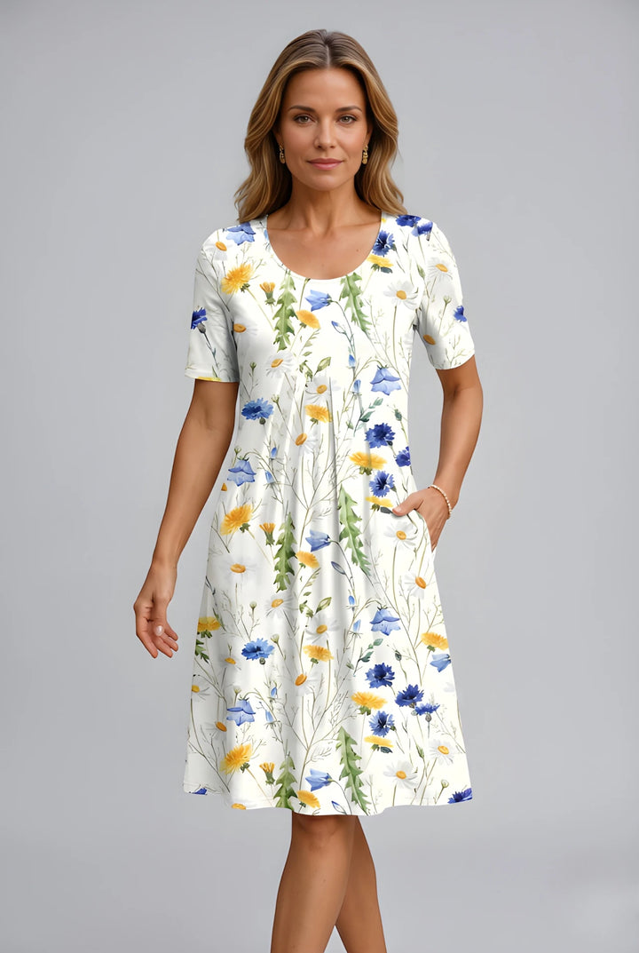 Women's Floral Short Sleeve Midi Dress with Pockets and Pleated Detail