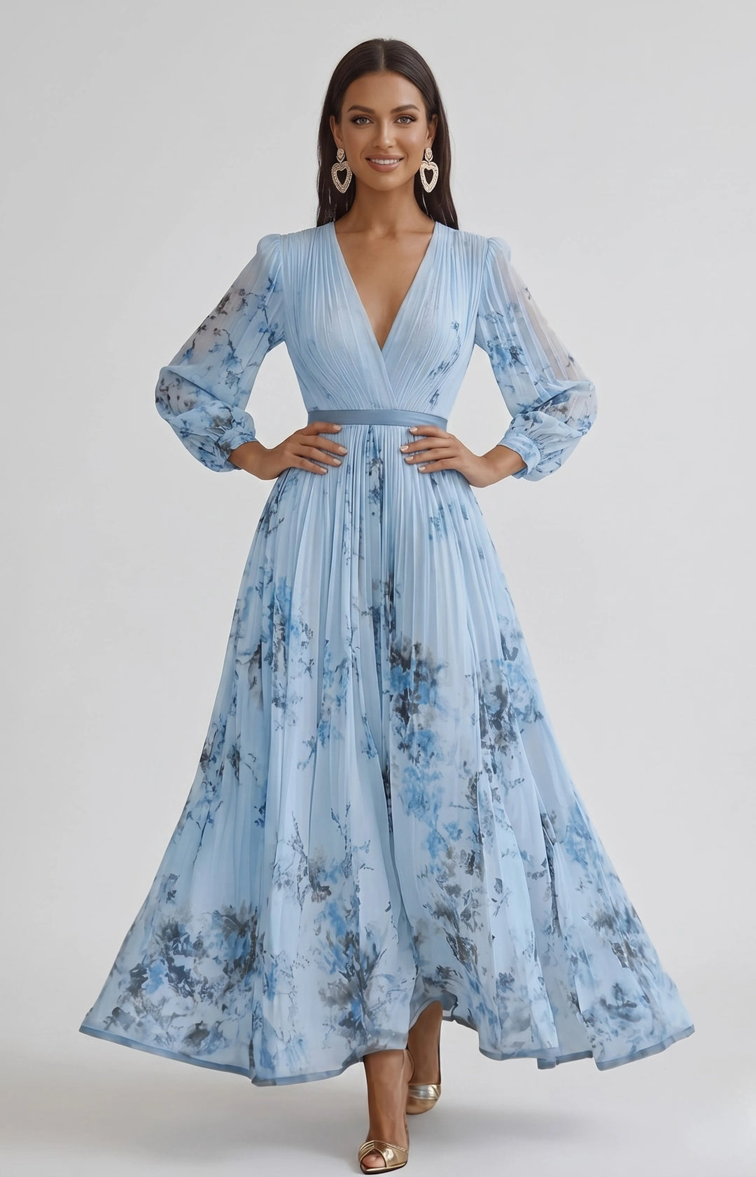 Women's Floral Pleated Maxi Dresses with V Neck