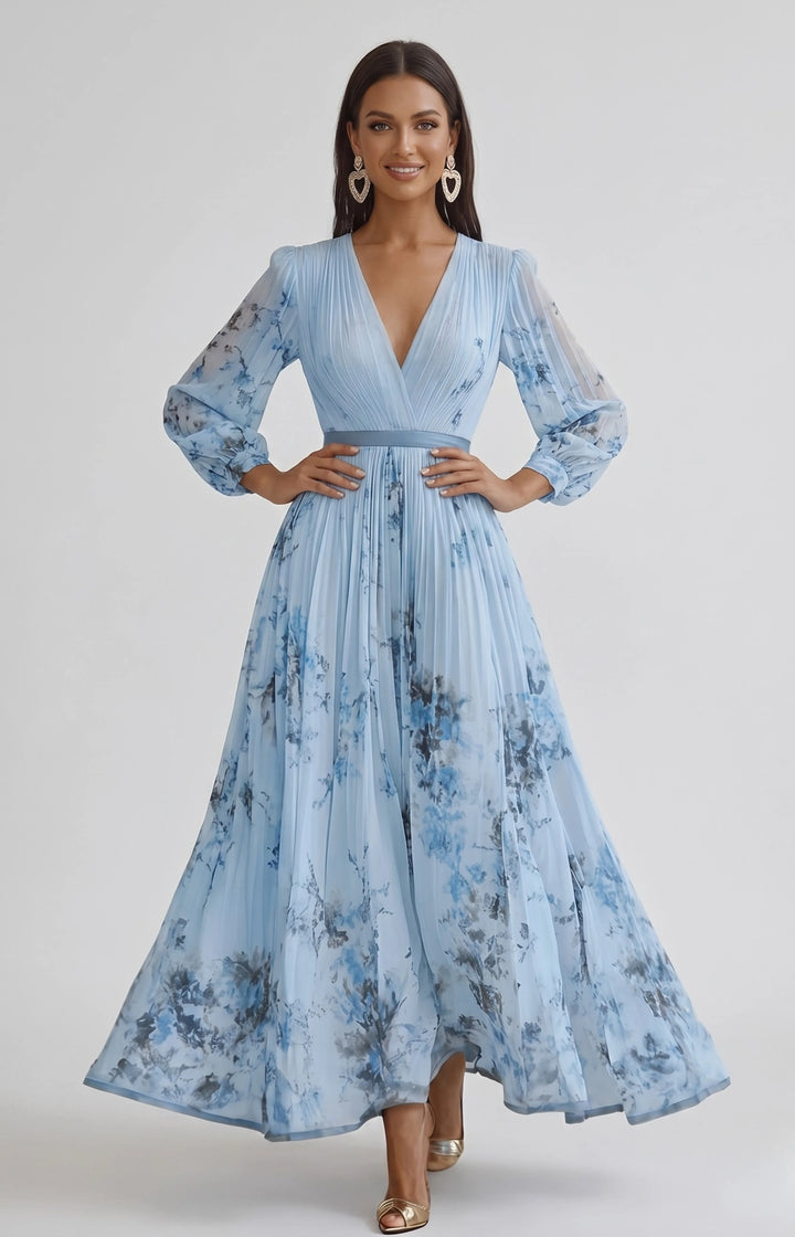 Women's Floral Pleated Maxi Dresses with V Neck