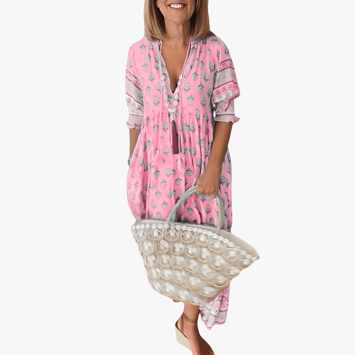 Women's Floral Midi Summer Dress with Puff Sleeves