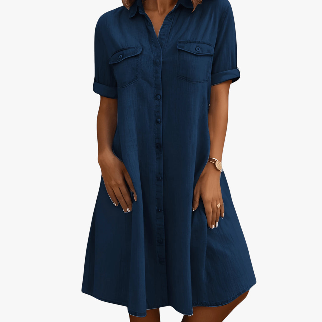 Women's Fancy Elegant Mini Denim Dress with Button Up Closure and Pockets