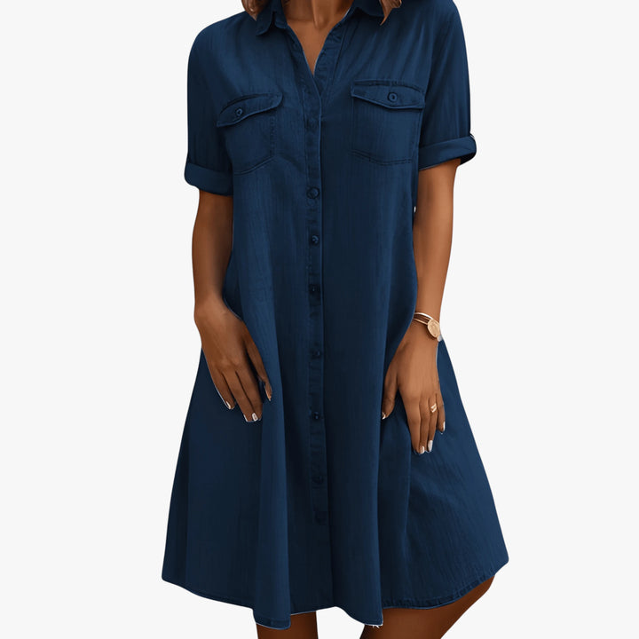 Women's Fancy Elegant Mini Denim Dress with Button Up Closure and Pockets
