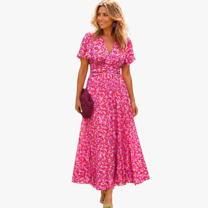 Women's Floral Boho Midi Summer Dress with Short Sleeves