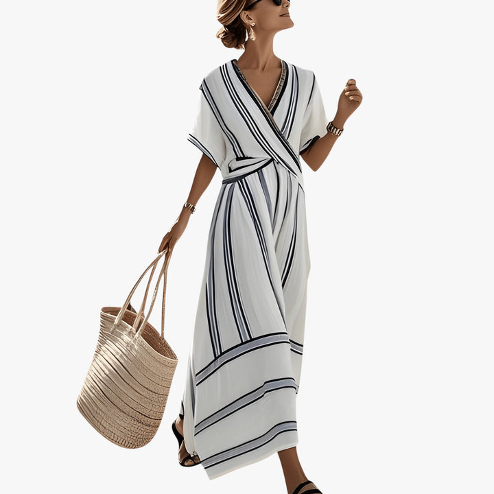 Women's Boho Striped Maxi Summer Dress with Wrap Neckline
