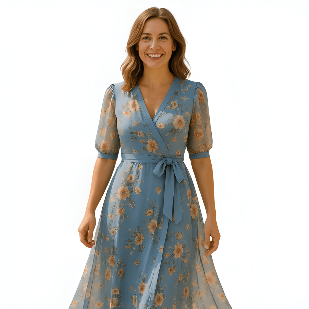 Women's Floral Wrap Maxi Summer Dress with Puff Sleeves