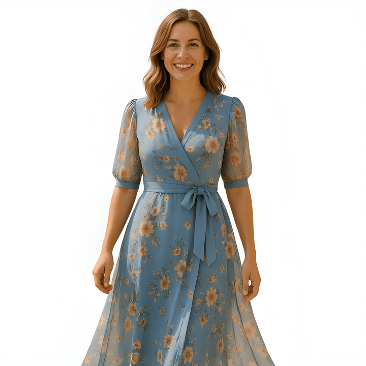 Women's Floral Wrap Maxi Summer Dress with Puff Sleeves