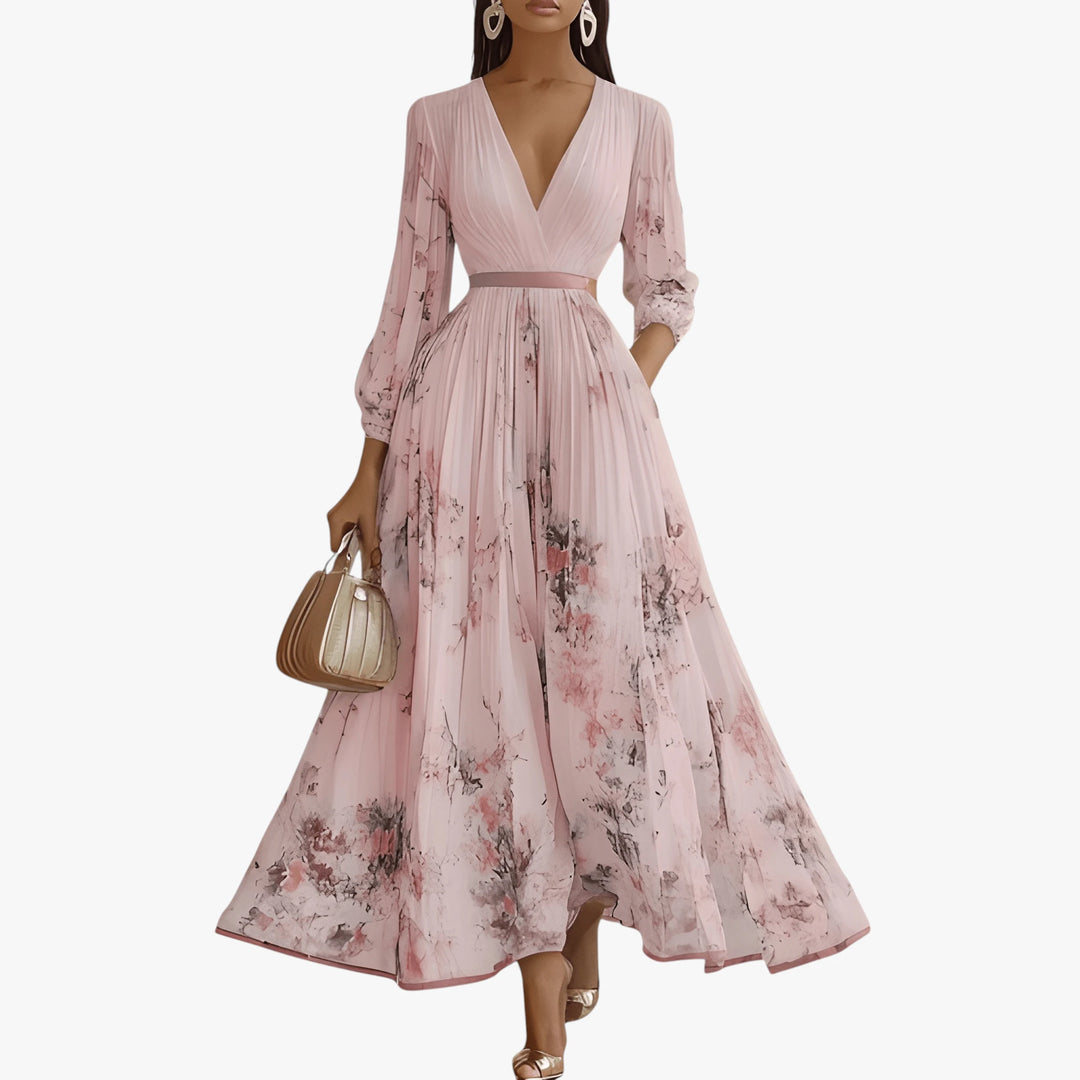 Women's Floral Elegant Maxi Summer Dress with Pleats