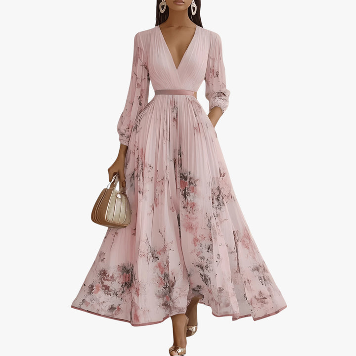 Women's Floral Elegant Maxi Summer Dress with Pleats