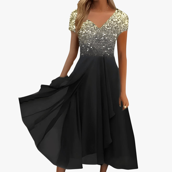 Women's Sparkly Elegant Midi Summer Dress with Short Sleeves