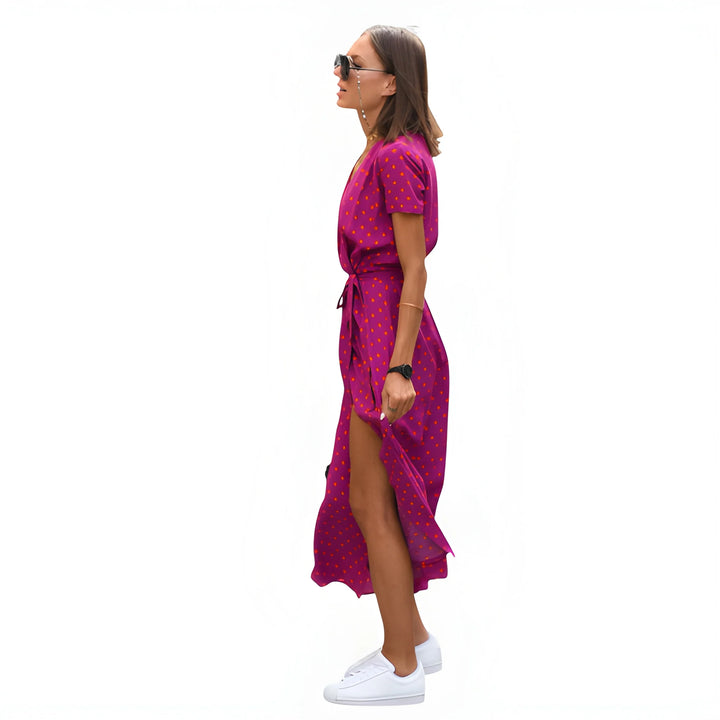 Women's Floral Wrap Midi Summer Dress with Tie Waist