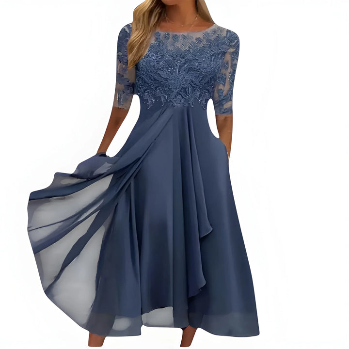 Women's Formal Elegant Midi Summer Dress with Embroidered Detail