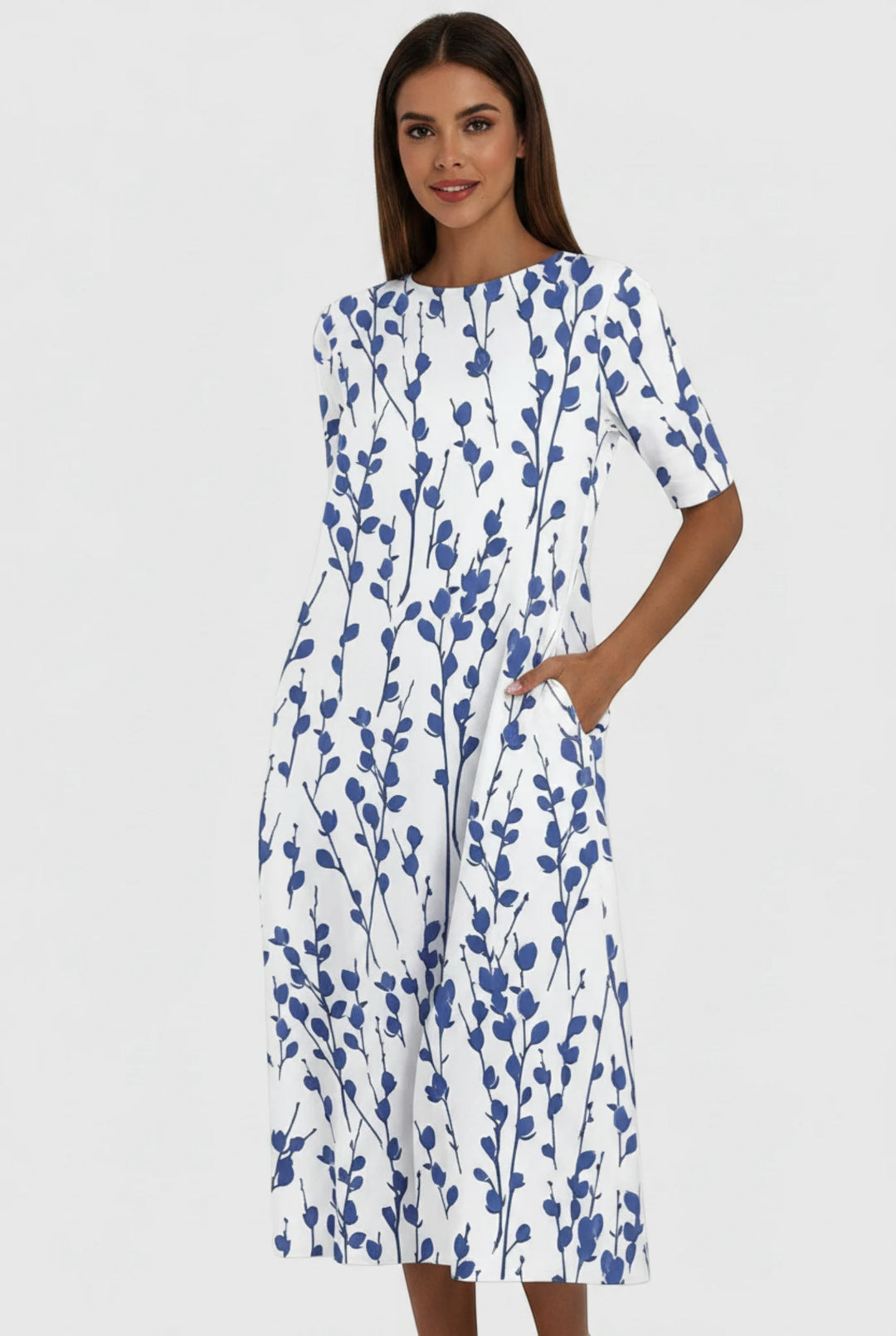 Women's Floral Summer Midi Dress with Round Neck and Half Sleeves
