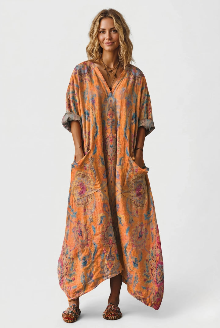 Women's Vintage Smock Maxi Summer Dress with V Neck and Patch Pockets