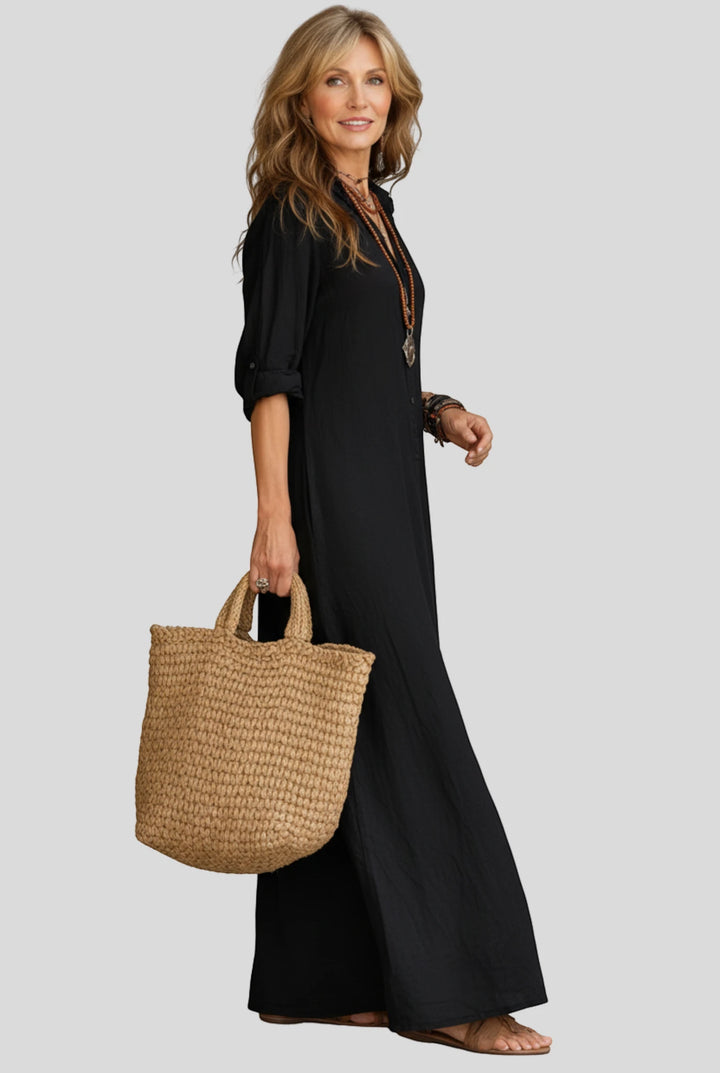 Women's Relaxed Summer Maxi Shirt Dress with V Neck and Long Sleeves