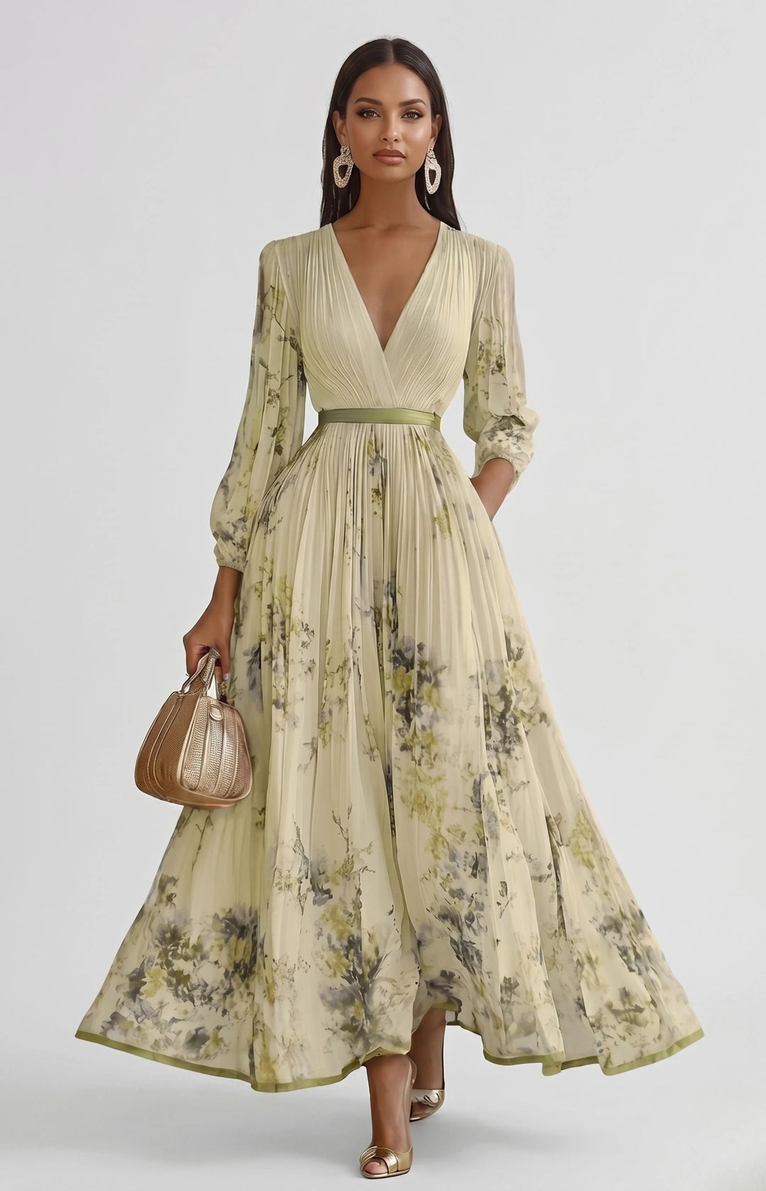 Women's Floral Pleated Maxi Dresses with V Neck