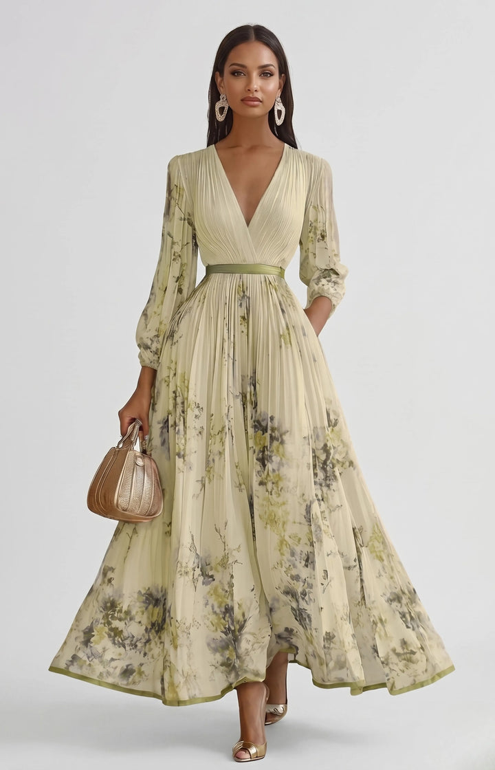 Women's Floral Pleated Maxi Dresses with V Neck