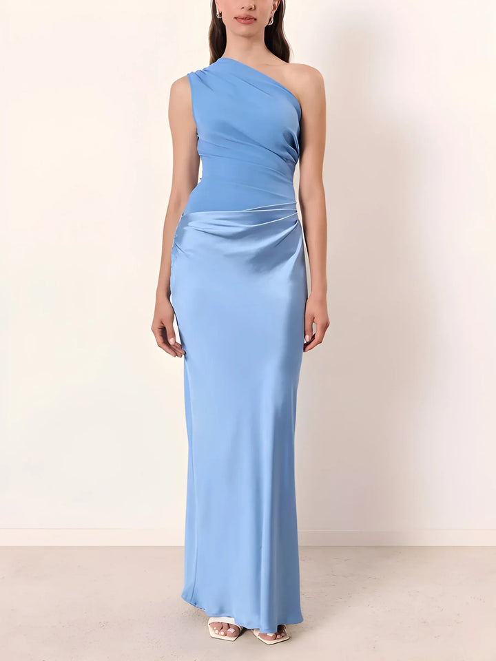 Women's Elegant Stunning Maxi Dress with One Shoulder Neckline and Pleated Waist