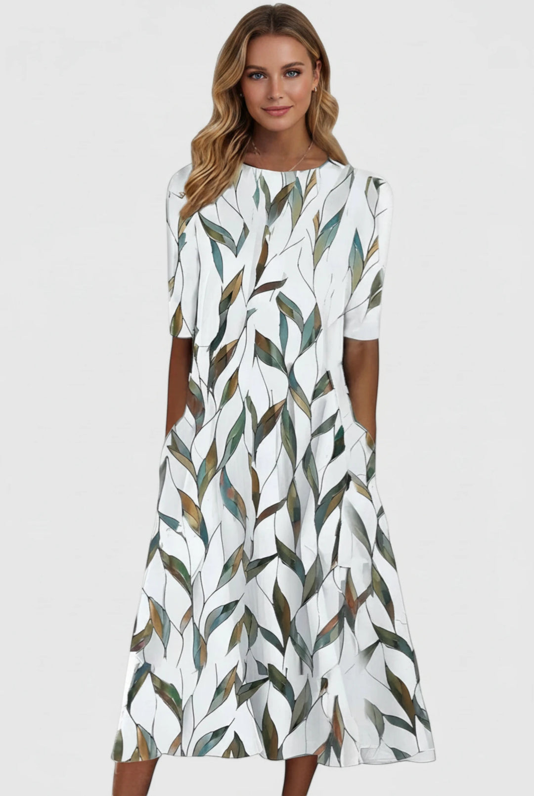 Women's Floral Summer Midi Dress with Round Neck and Half Sleeves