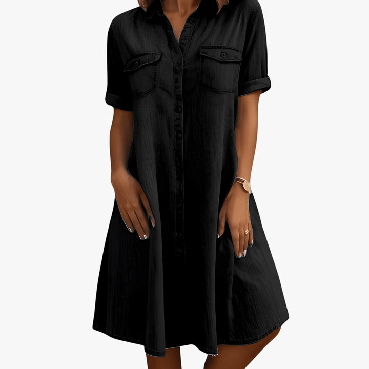 Women's Fancy Elegant Mini Denim Dress with Button Up Closure and Pockets