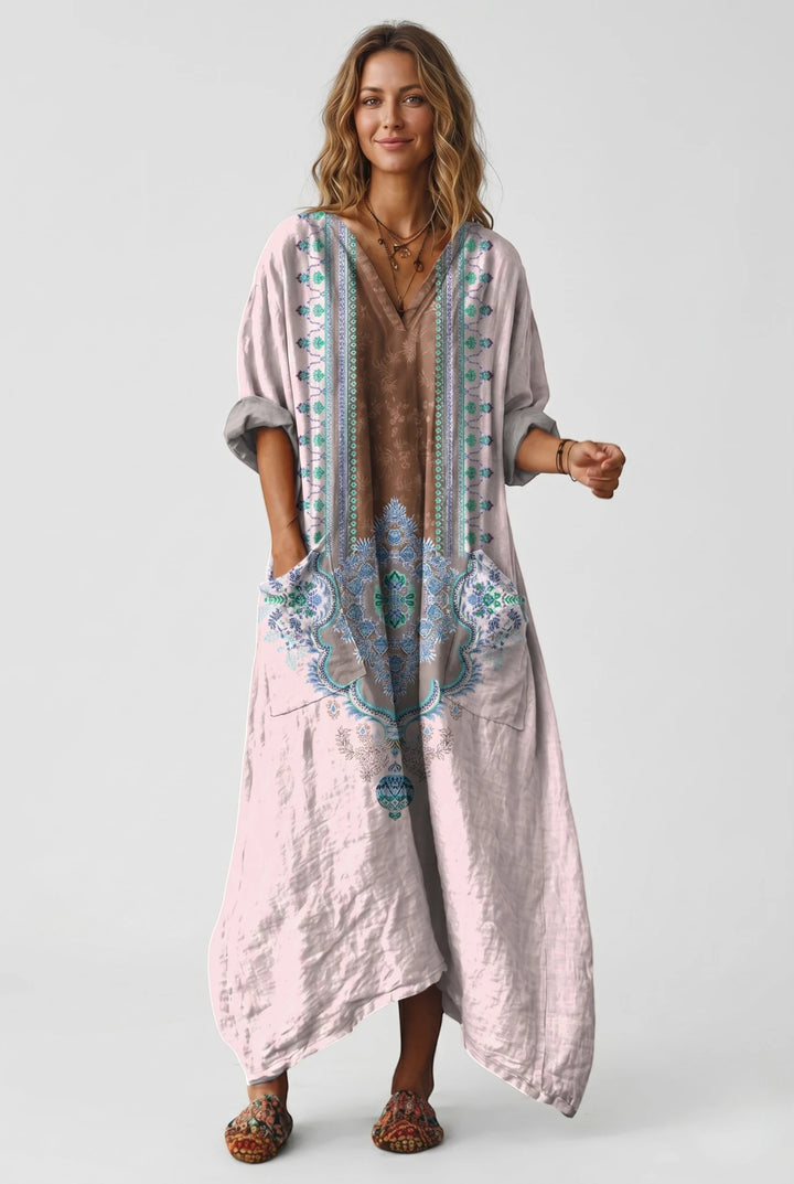 Women's Vintage Smock Maxi Summer Dress with V Neck and Patch Pockets