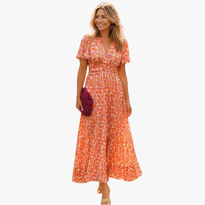 Women's Floral Boho Midi Summer Dress with Short Sleeves
