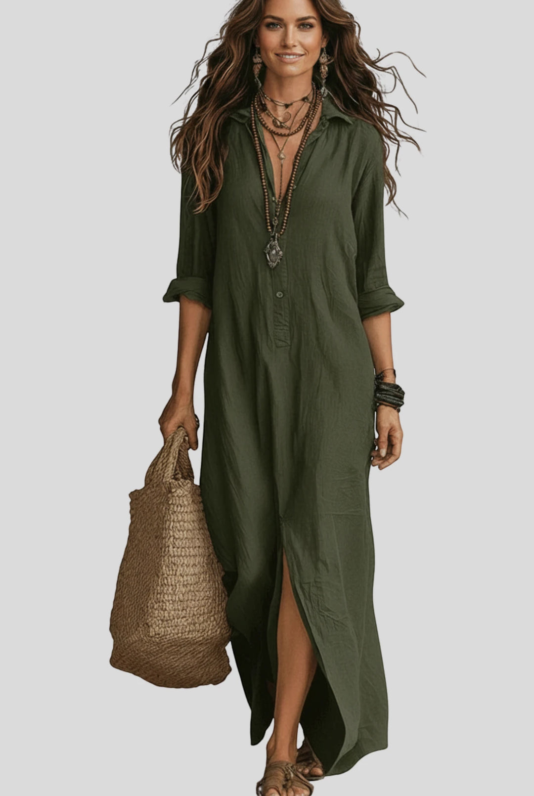 Women's Relaxed Summer Maxi Shirt Dress with V Neck and Long Sleeves