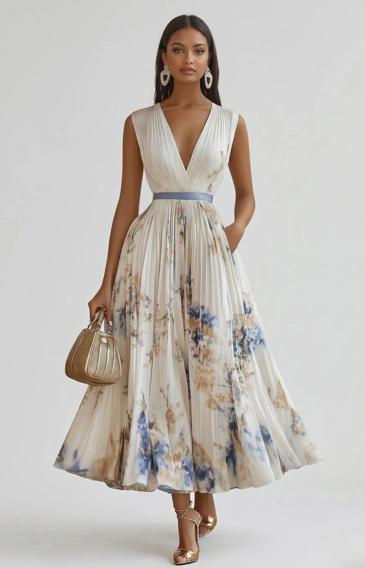 Women's Floral Pleated Maxi Dresses with V Neck