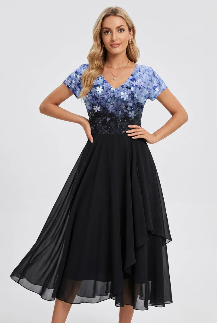 Women's Floral Midi Dress with V Neck and Short Sleeves