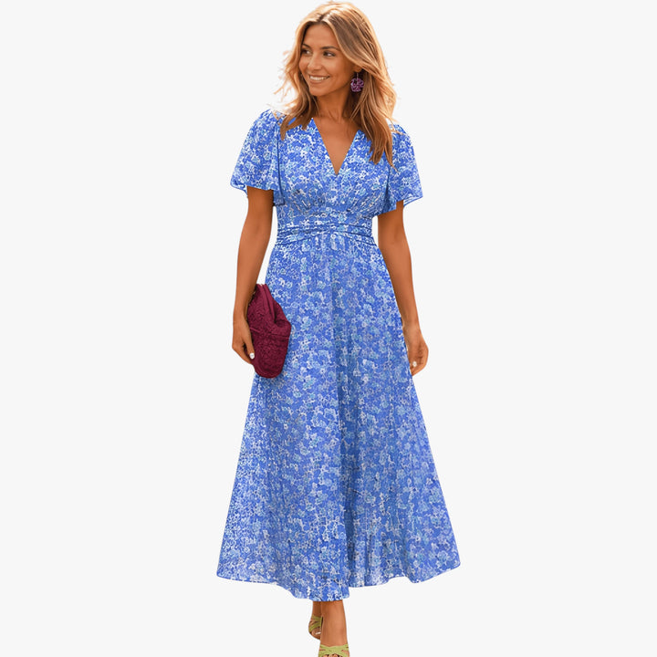 Women's Floral Boho Midi Summer Dress with Short Sleeves