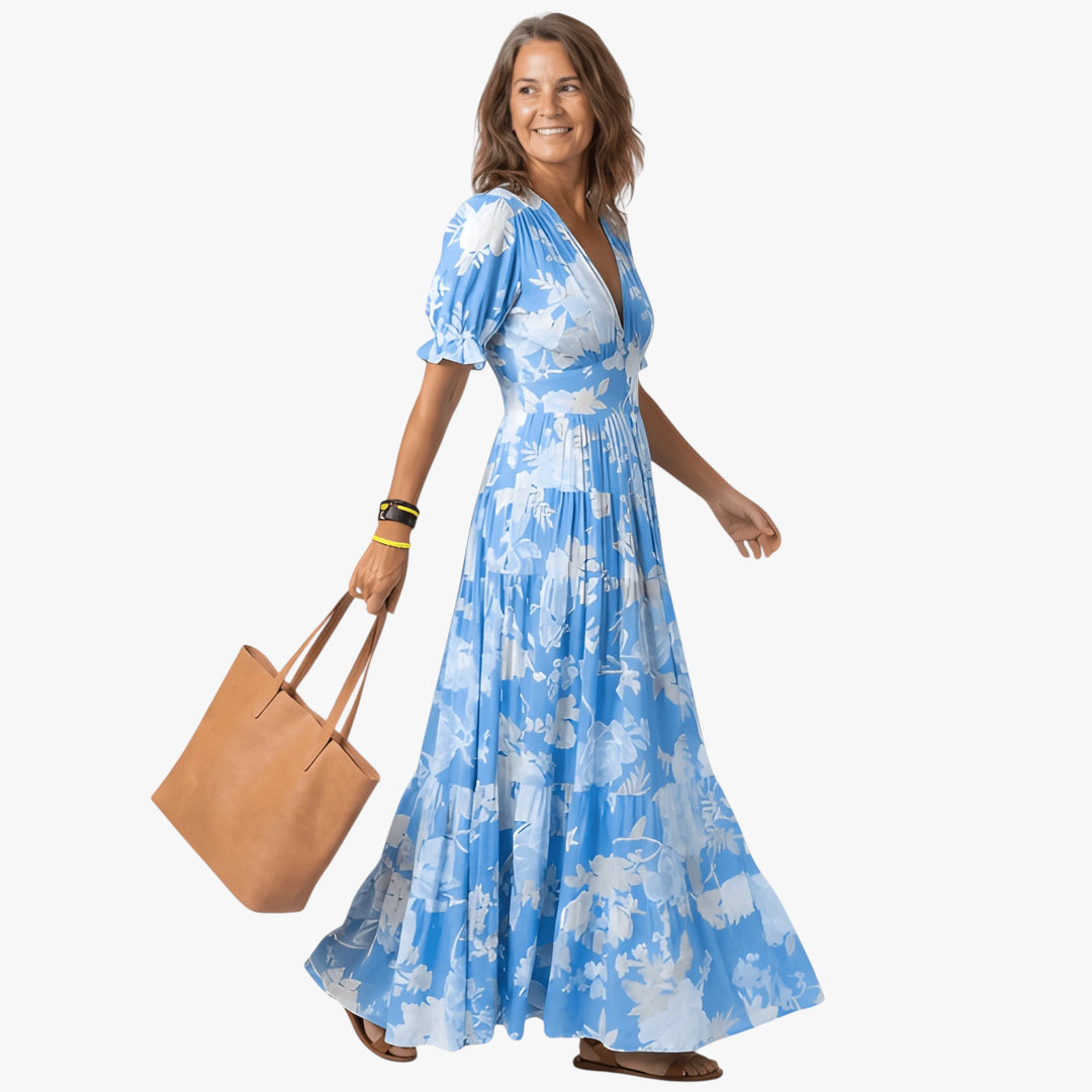 Women's Floral Boho Maxi Summer Dress with Puff Sleeves