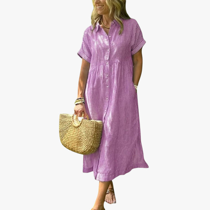 Women's Boho Shirt Midi Summer Dress with Striped Pattern
